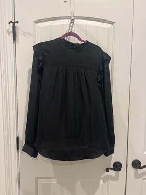 LOFT Black Smocked Yoke Ruffle Sleeve Blouse